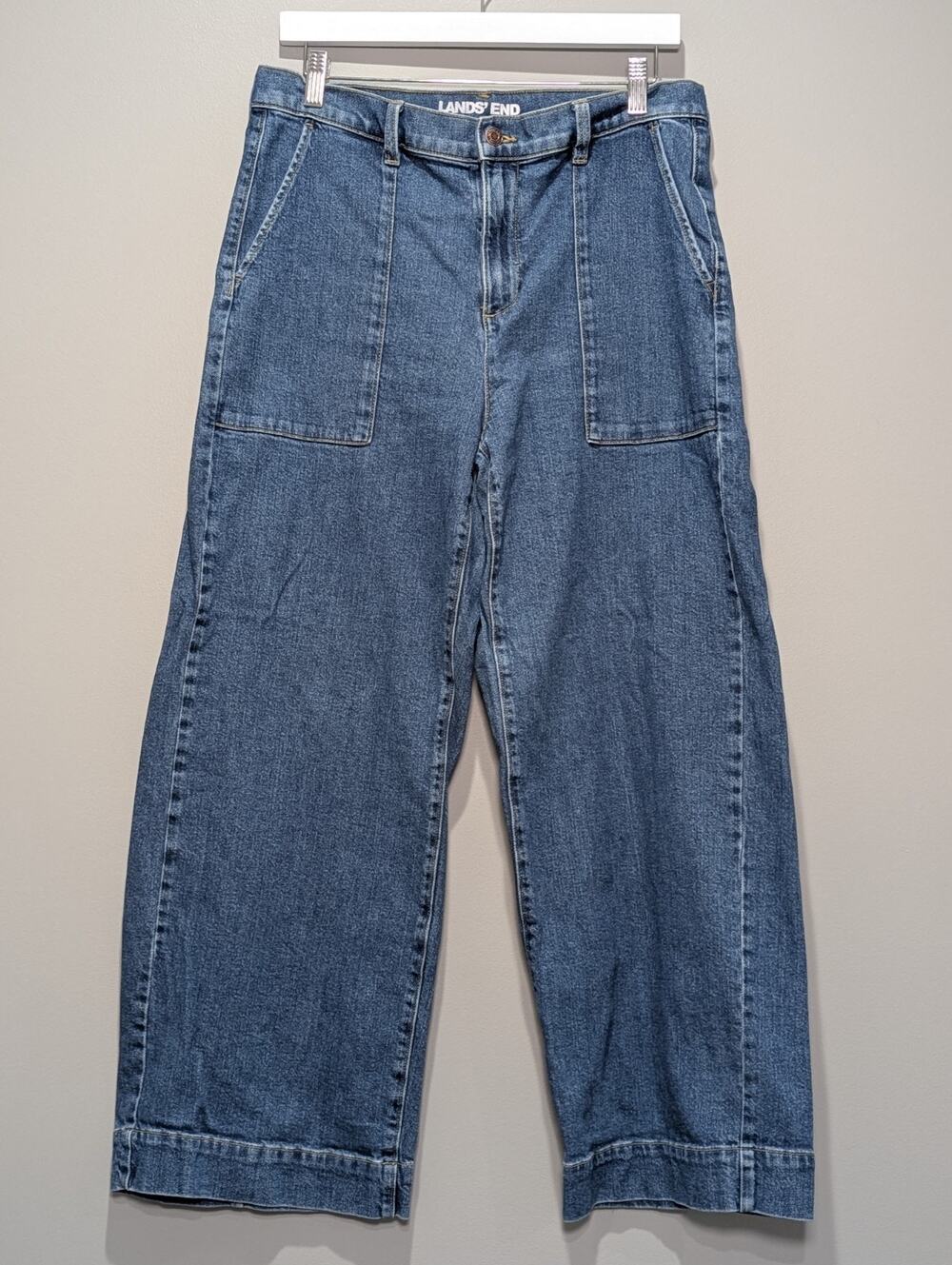 Lands End Jeans 12P Womens Wide Leg Blue Denim High Rise Patch Pocket Petite 12